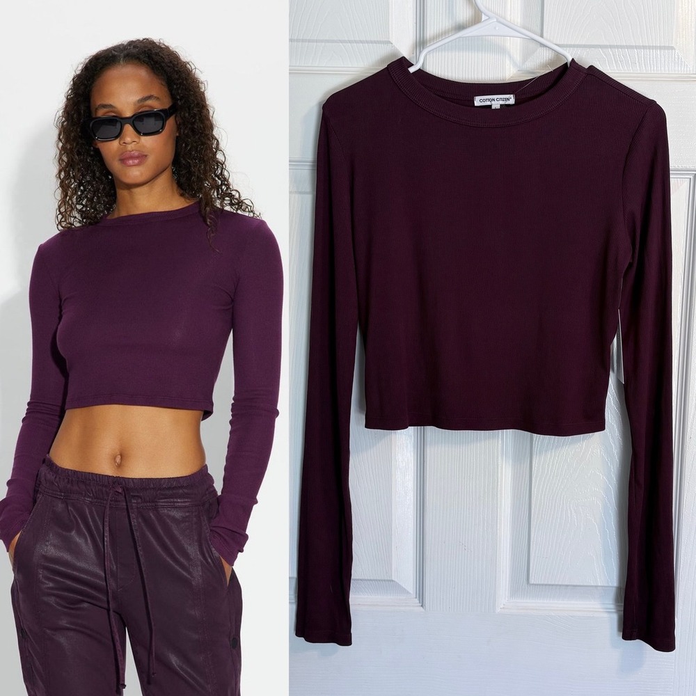 Cotton Citizen Verona Long Sleeve Crop Top Large Plum Purple Ribbed Knit Slim